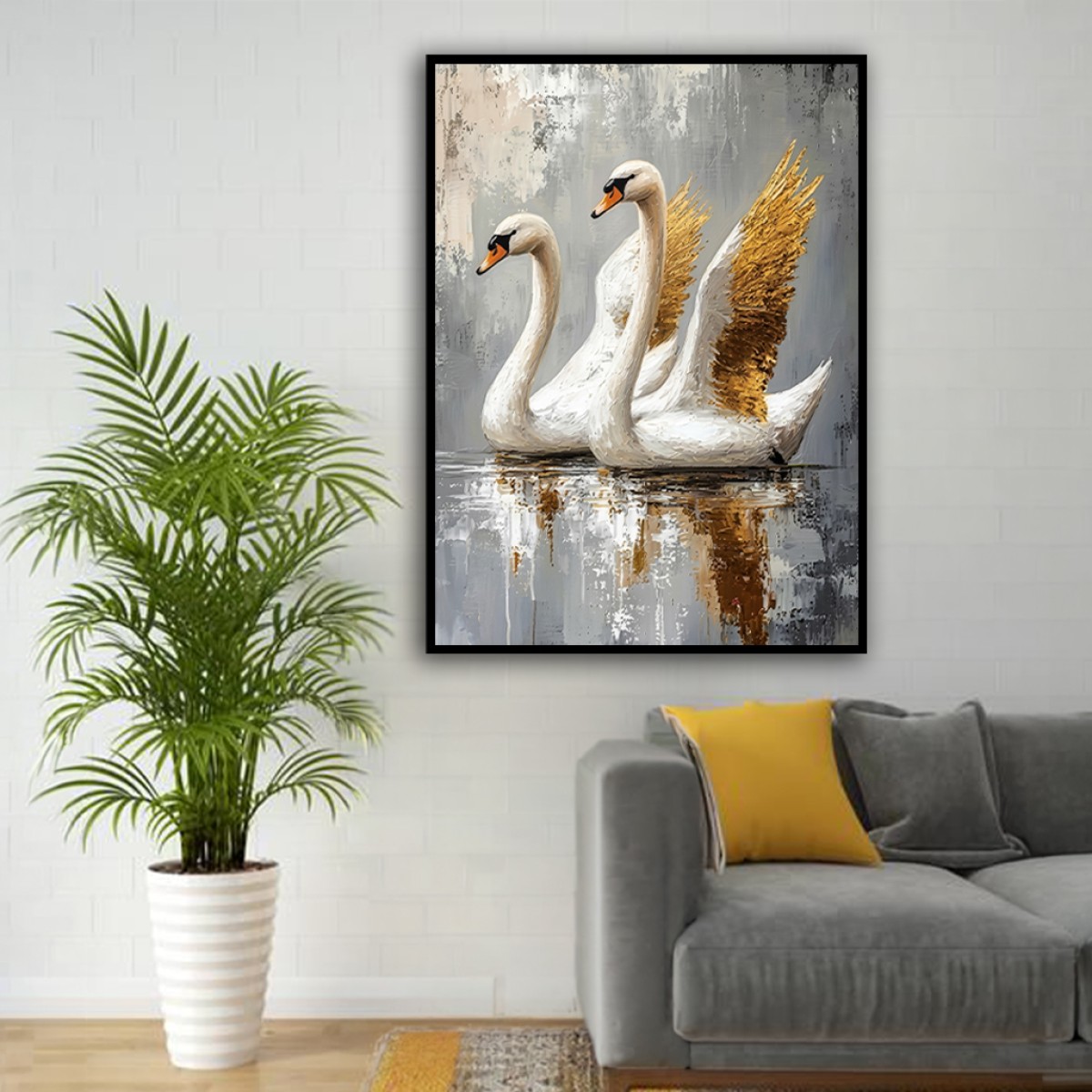 Elegant Textured White & Gold Swans Canvas Wall Art