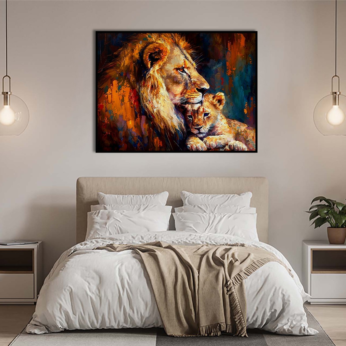 Majestic Bond – Lion & Cub Abstract Canvas Art