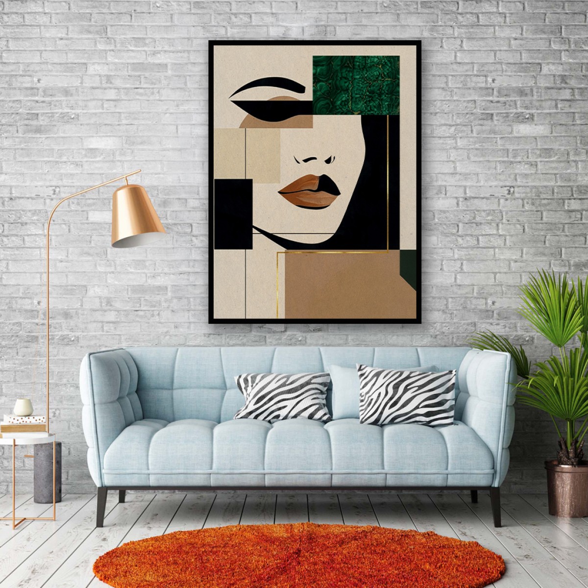 Modern Abstract Geometric Female Face Canvas Art - Emerald & Gold Accents