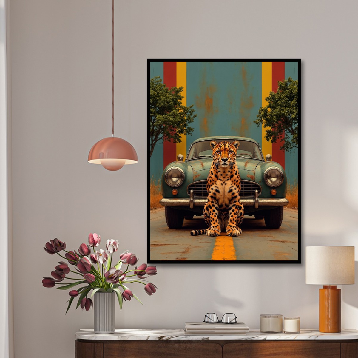 Vintage Car & Leopard Canvas Art - Quirky Retro Pop Art