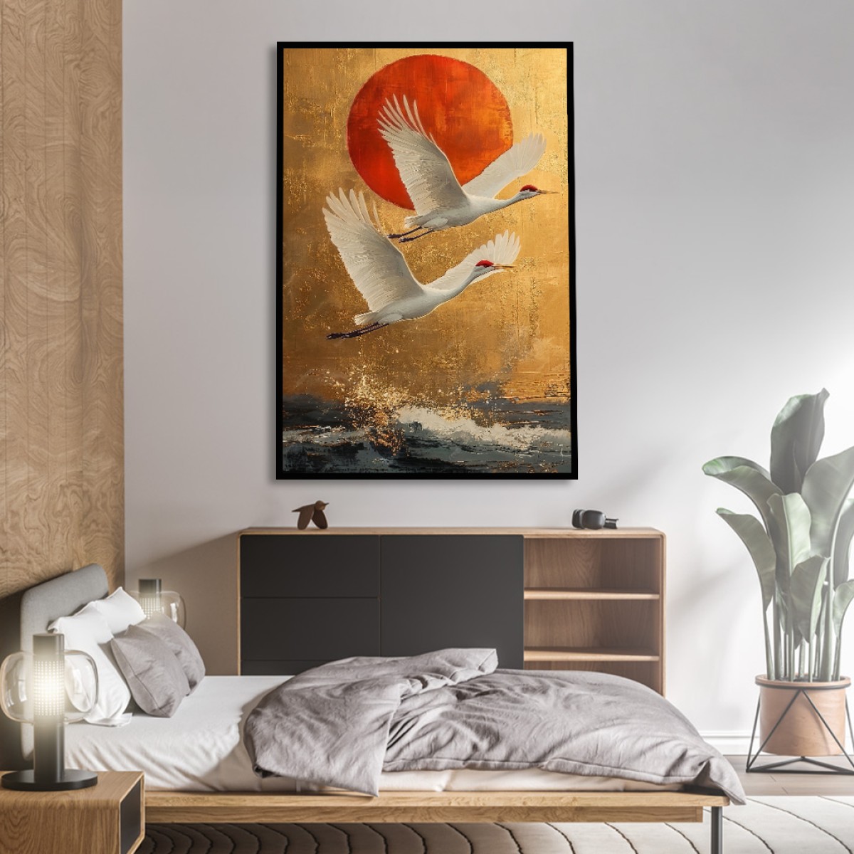 Japanese Flying Cranes & Red Sun Canvas Art - Gold Texture Look