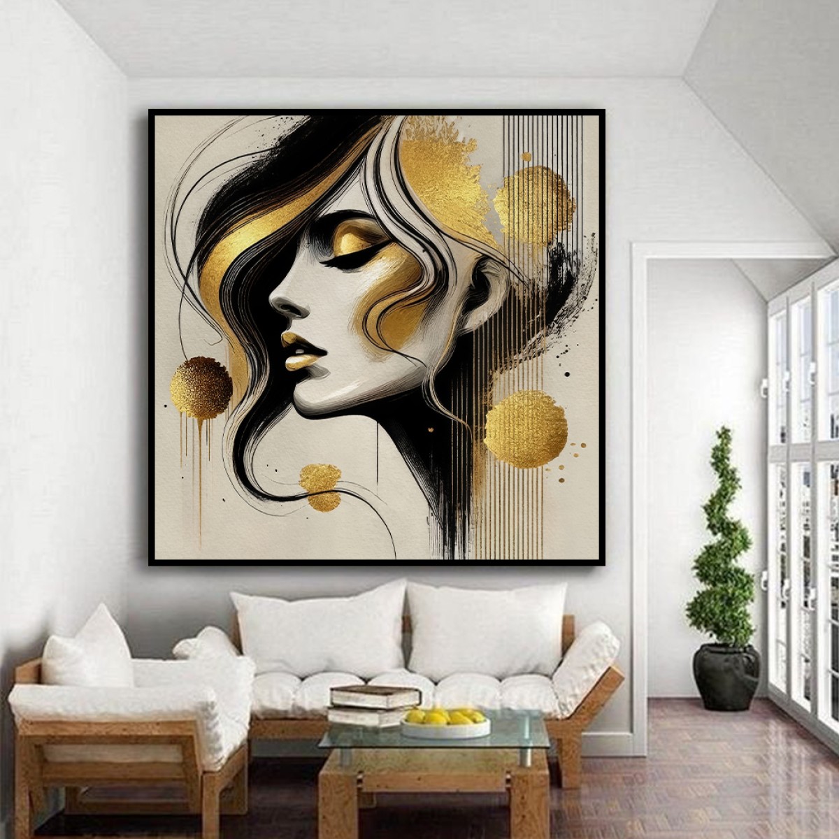 Modern Abstract Black & Gold Female Silhouette Canvas Art